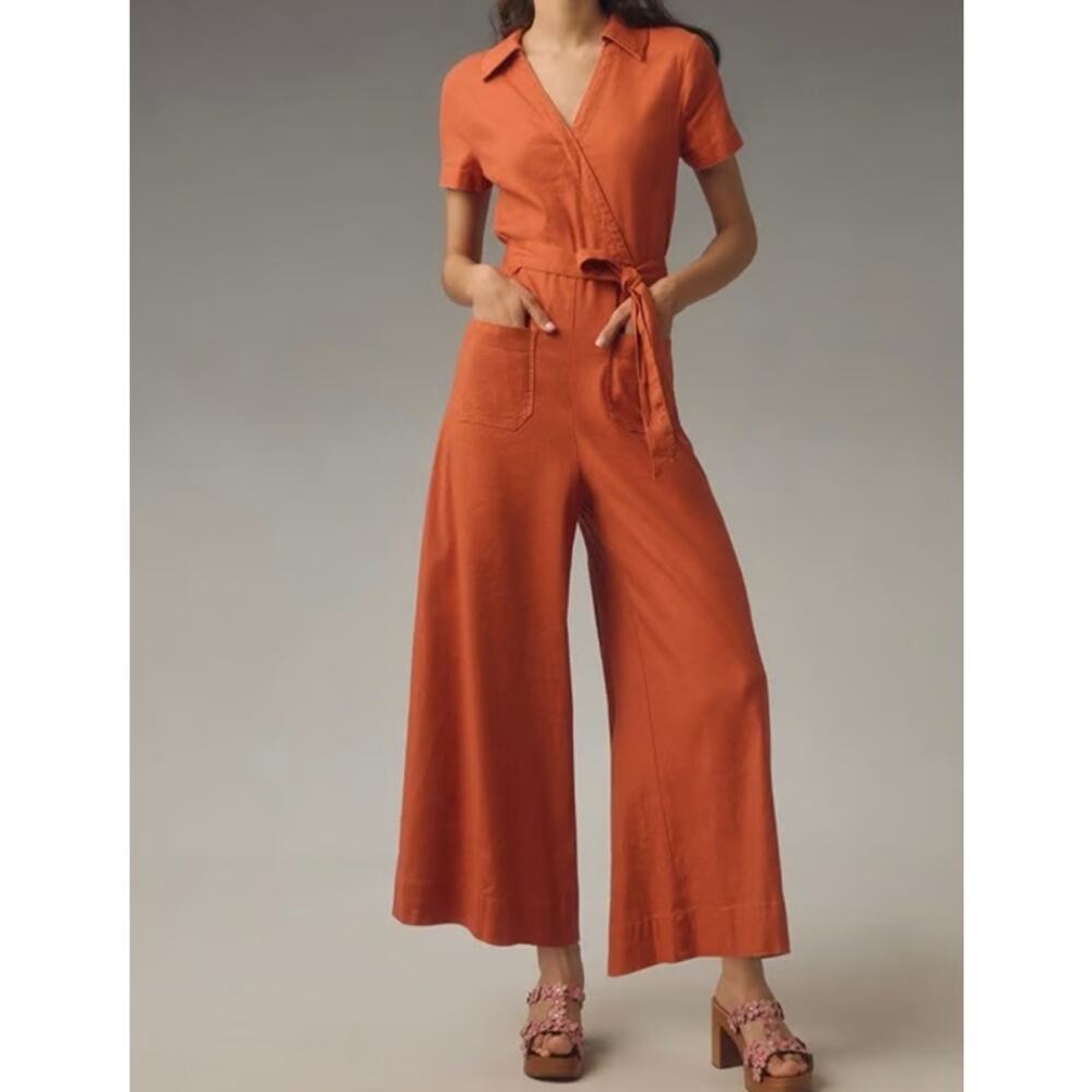Anthropologie Burnt Orange Short-Sleeve Wrap Jumpsuit Colette
